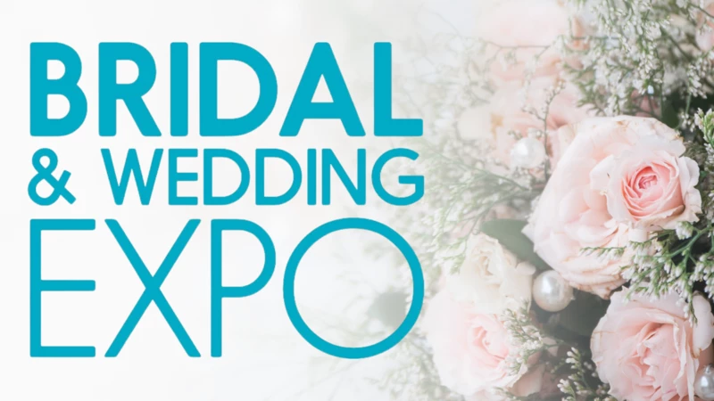 Flyer for the Bridal and wedding expo with the logo and pink flowers faded out in the background.