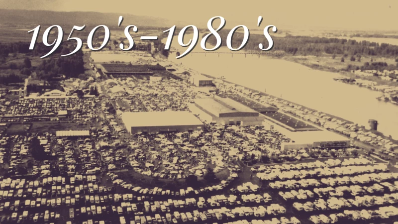 Old photo of the portland expo center parking lot during a busy event. 