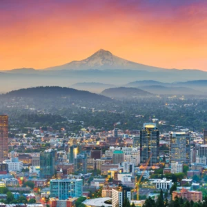 Photo of the Portland city skyline and mt. hood in the background