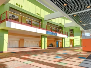 photo of Hall D, showing the lobby entrance to exhibit hall