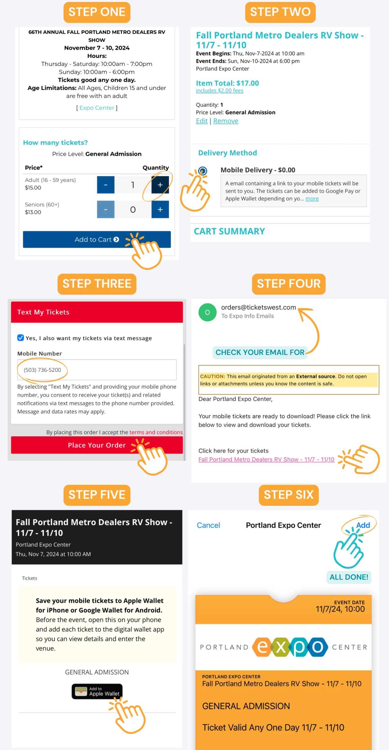 instructions / screenshots of how to download a ticket to your mobile wallet