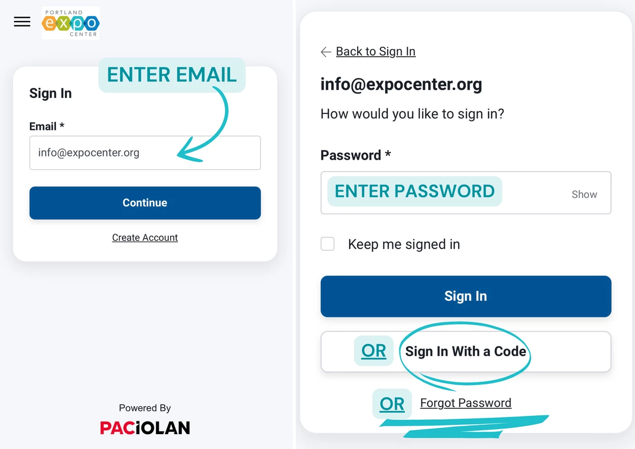 graphic showing how to log into expo center ticketing account