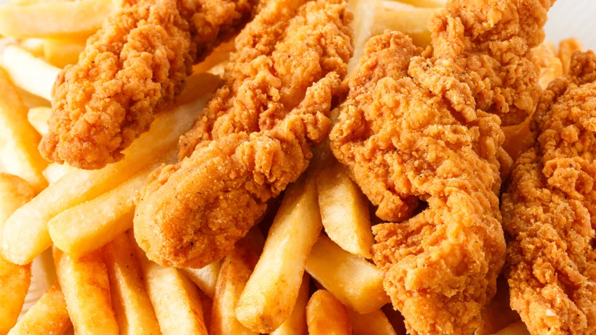 Breaded chicken strips and french fries